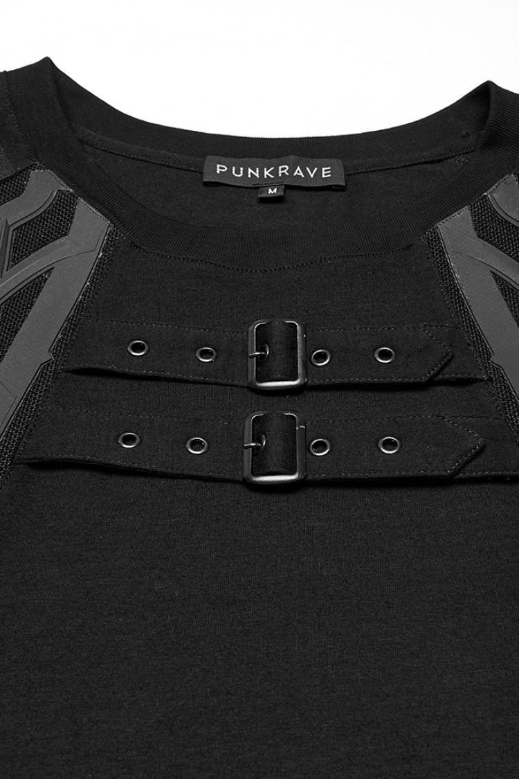 Black Round Collar Short Sleeves Studded Buckle Strap Men's Punk T-Shirt - Product - 5