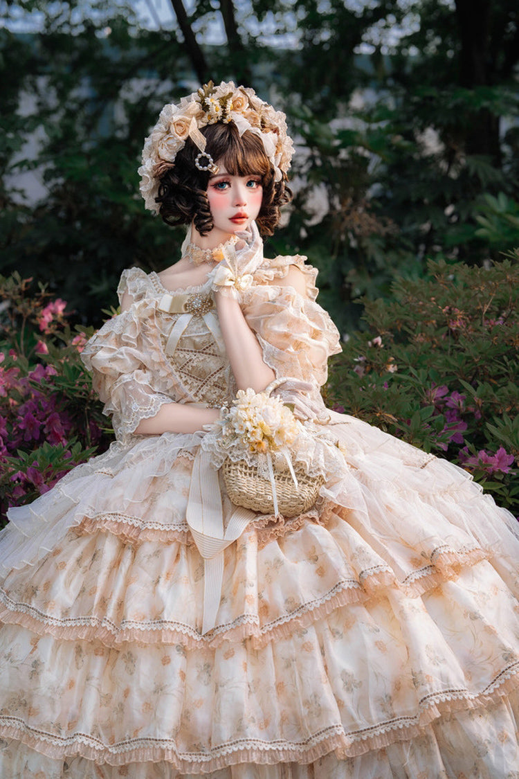 Yellow [Rose Letter] Off Shoulder Triple-Layered Print Ruffle Hanayome Sweet Princess Lolita Dress - Product - 7