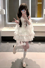 White [Little Love Song] Detachable Trumpet Sleeves Ruffle Bowknot Lace Sweet Lolita Top Skirt Set - Product - 8