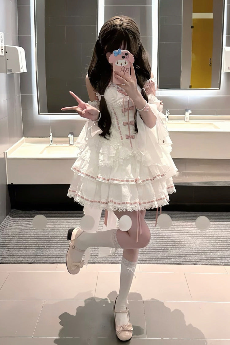 White [Little Love Song] Detachable Trumpet Sleeves Ruffle Bowknot Lace Sweet Lolita Top Skirt Set - Product - 8