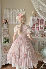 [Daydream Rose] Short Sleeves Floral Jacquard Print Ruffle Embroidery Bowknot Sweet Lolita Dress 3 Colors - Product - 16