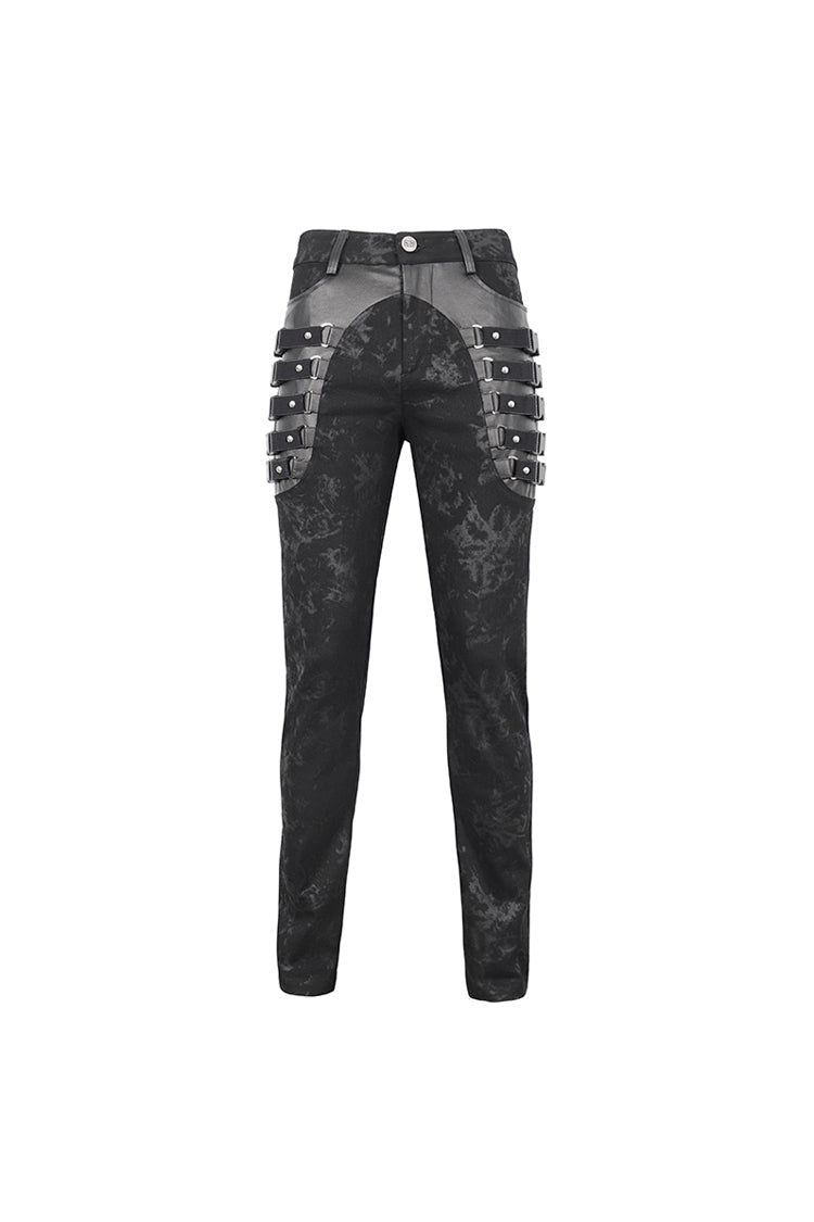 Black Multi Buckle Distressed  Print Men's Punk Pants - Product - 8