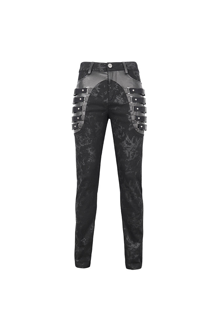 Black Multi Buckle Distressed  Print Men's Punk Pants - Product - 8