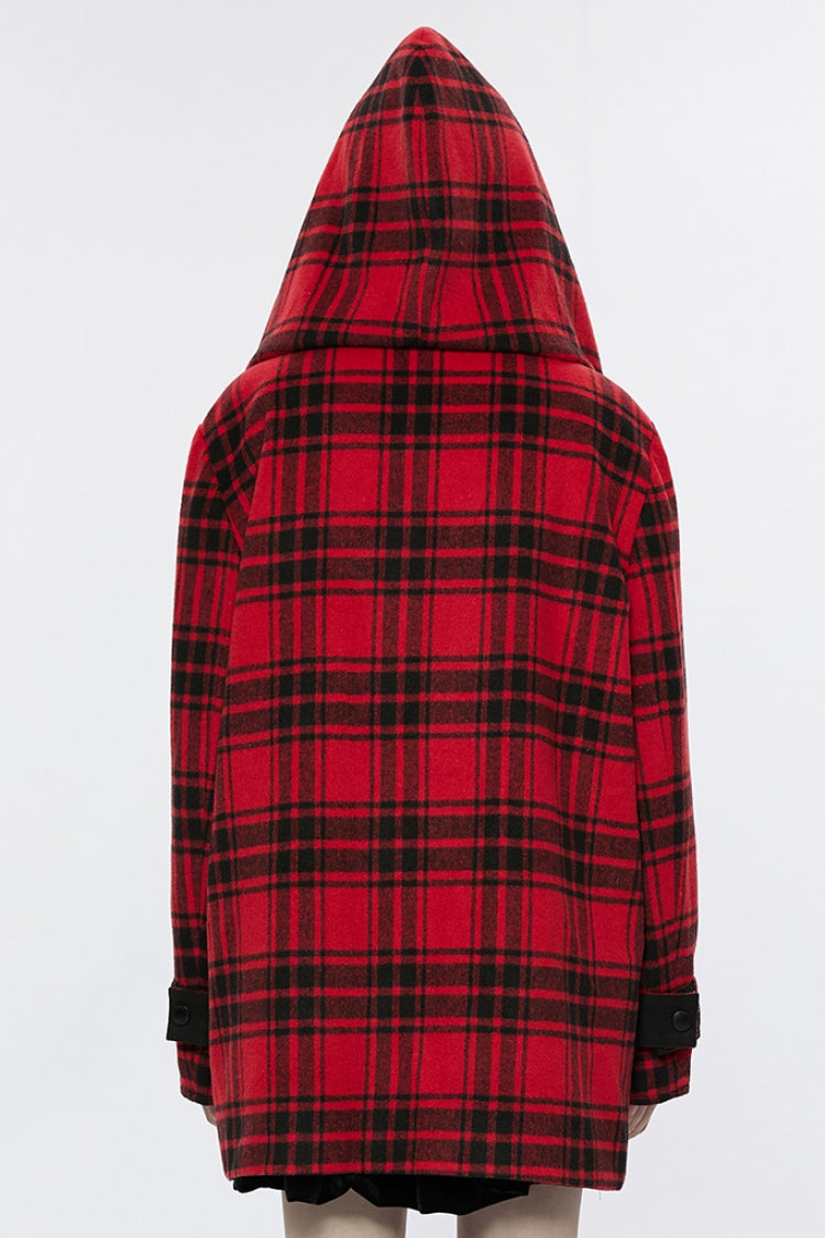 Black/Red Plaid Print Hooded Women's Punk College Style Coat - Product - 3