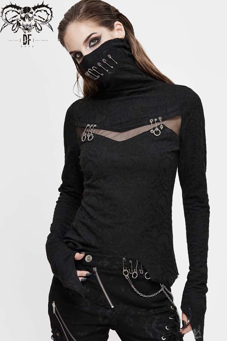 Black Turtleneck Chest Splice Fine Mesh Pin Decoration Sharp Angle Hem Women's Punk Shirt - Product - 2