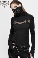 Black Turtleneck Chest Splice Fine Mesh Pin Decoration Sharp Angle Hem Women's Punk Shirt - Product - 2