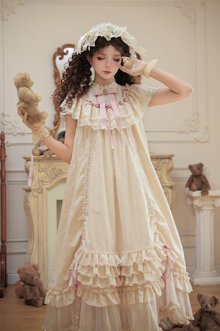 Apricot [Lily's Dream] Stand Collar Short Sleeves Loose-Fit Doll-Like Multi-Layered Ruffled Bow Lace Sweet Lolita Dress 2 Versions - Product - 22