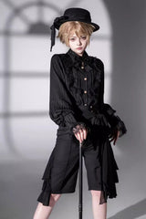 Black [Eternal City] Long Sleeves Lace Gothic Prince Medieval Ouji Lolita Blouse Knee-Length Shorts Set - Black - 1