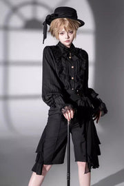 Black [Eternal City] Long Sleeves Lace Gothic Prince Medieval Ouji Lolita Blouse Knee-Length Shorts Set - Black - 1