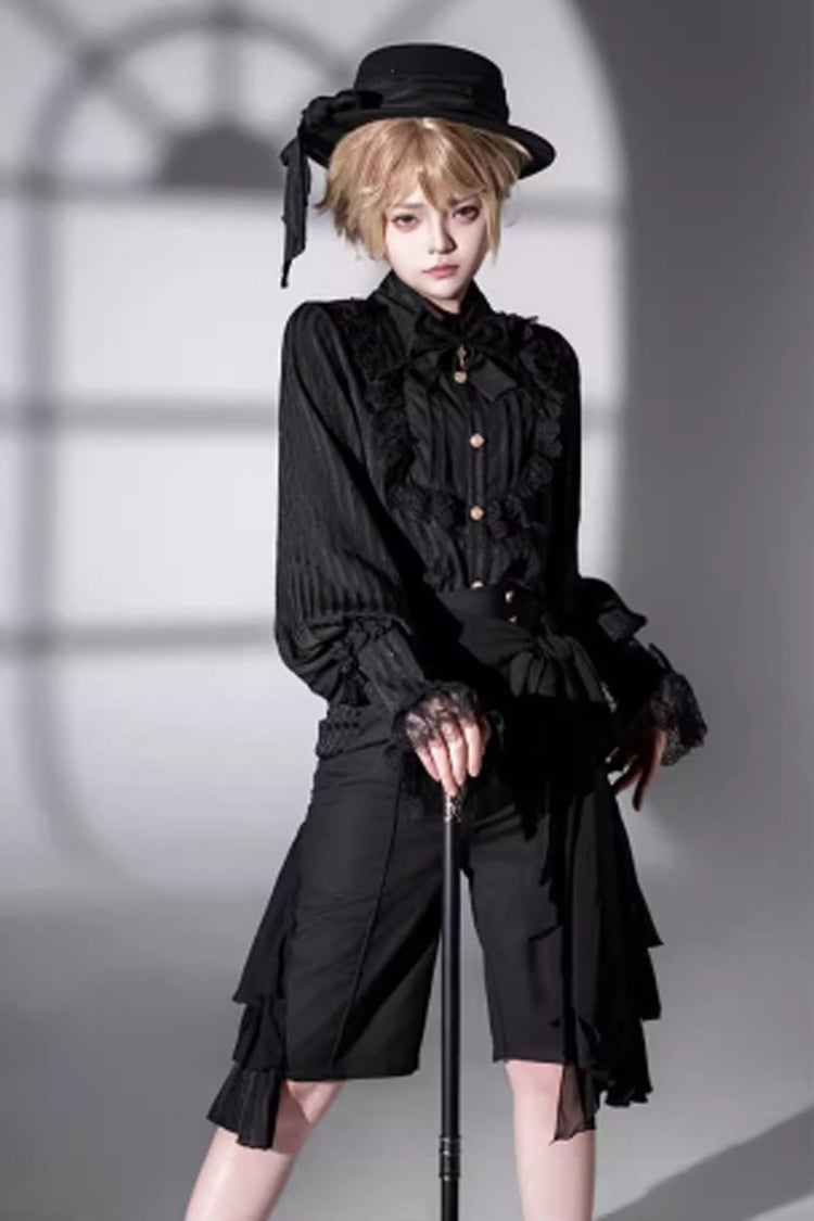 Black [Eternal City] Long Sleeves Lace Gothic Prince Medieval Ouji Lolita Blouse Knee-Length Shorts Set - Black - 1