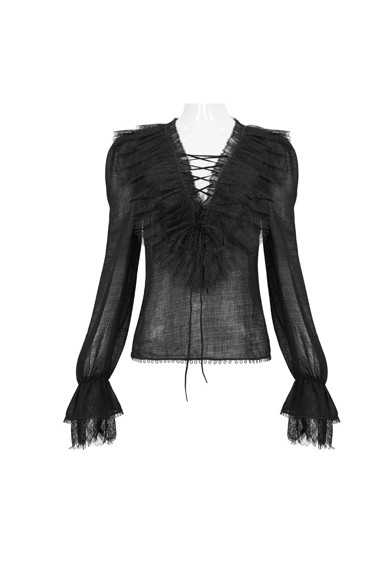 Black Thin Waist Plaid Stitching Layered Lace Long Sleeves Women's Gothic Shirt - Product - 5