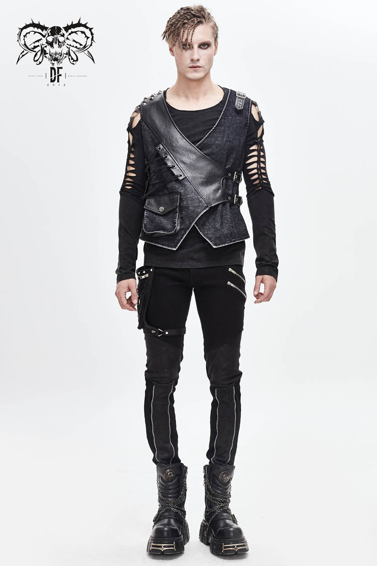 Black V Neck Asymmetric Lace Up Leather Loop Shoulder Rivet Corduroy Men's Punk Waistcoat - Product - 3