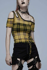 Asymmetrical Cutout Neckline Strap Design Plaid Mesh Women's Punk T-Shirt - Yellow - 2