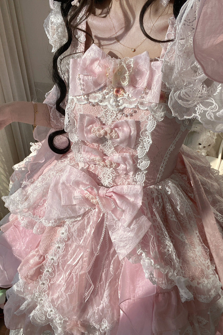 Pink [Spring Waters Reflecting Pear Blossoms] Ruffled Embroidered Open-Front Bow Lace Sweet Lolita Jsk Dress - Product - 9