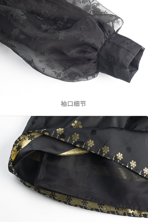 Black Square Neck Organza Print Ruffled Lantern Sleeves High Waisted Sweet Lolita OP Dress - Product - 8