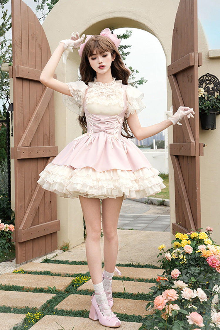 Pink [Love Diary] Multi-Layered Ruffle Bowknot Lace-Up Sweet Lolita Jsk Bustier Dress - Product - 12