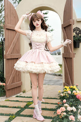 Pink [Love Diary] Multi-Layered Ruffle Bowknot Lace-Up Sweet Lolita Jsk Bustier Dress - Product - 12