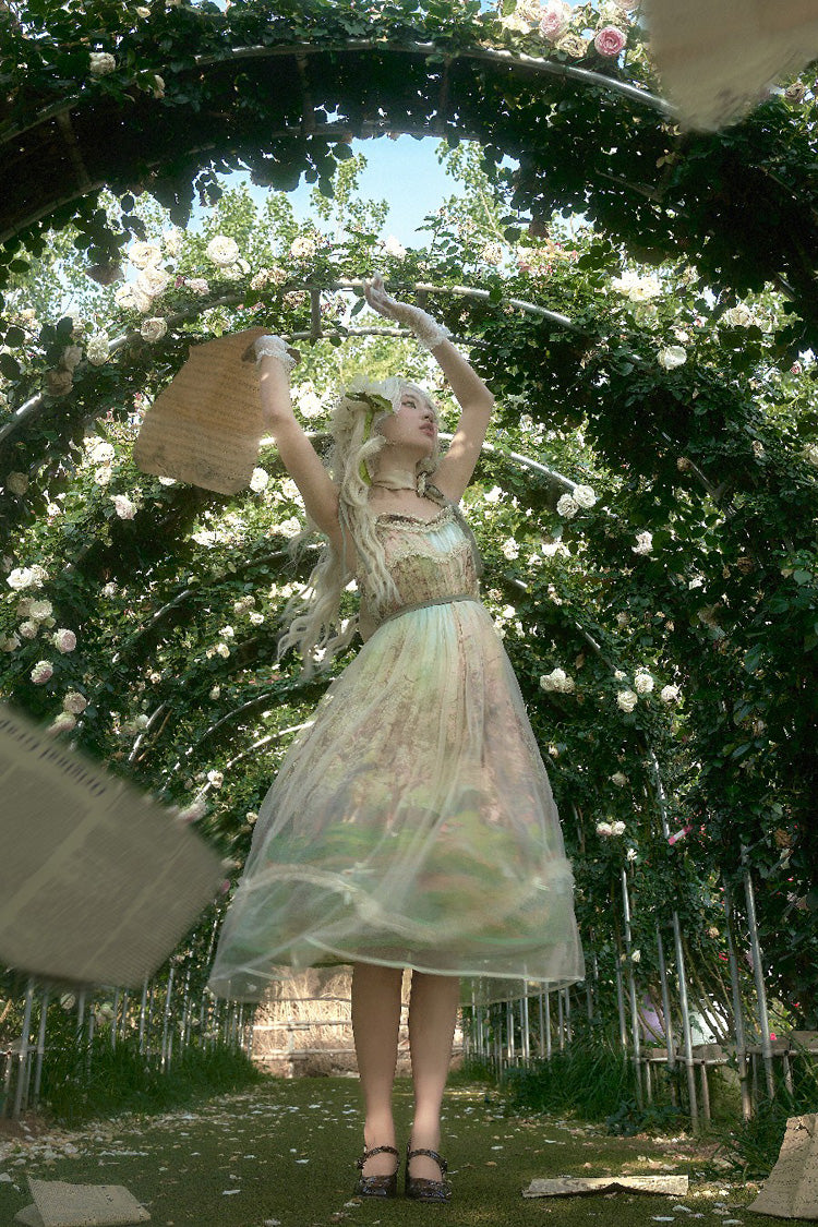 Green [Oil Painting – Spring] Sleeveless Print Ruffle Bowknot Lace Sweet Lolita Jsk Dress - Product - 5