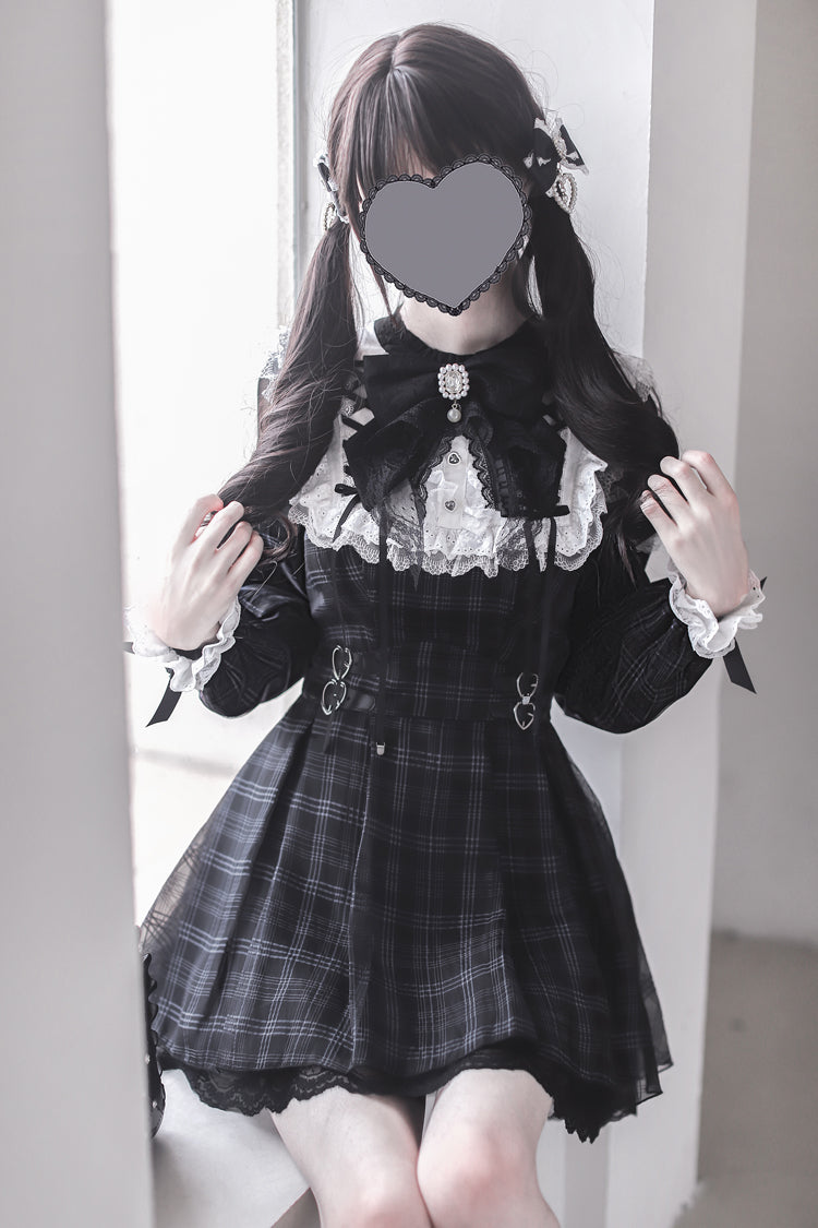Black [Angel Heartbeat] Long Sleeves Plaid Print Ruffle Bowknot Lace Sweet Jirai Kei Japanese Dress - Product - 3