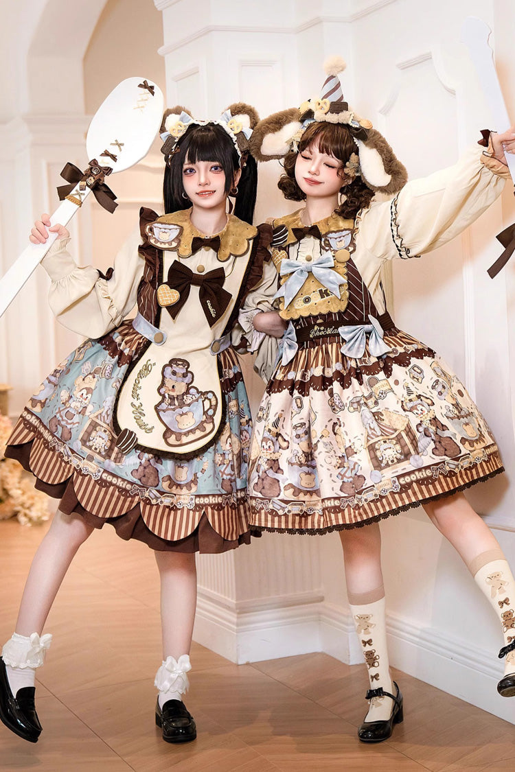 [Bear Cookies] Print Long Sleeves Ruffle Bowknot Sweet Lolita OP Dress 2 Colors - Product - 4