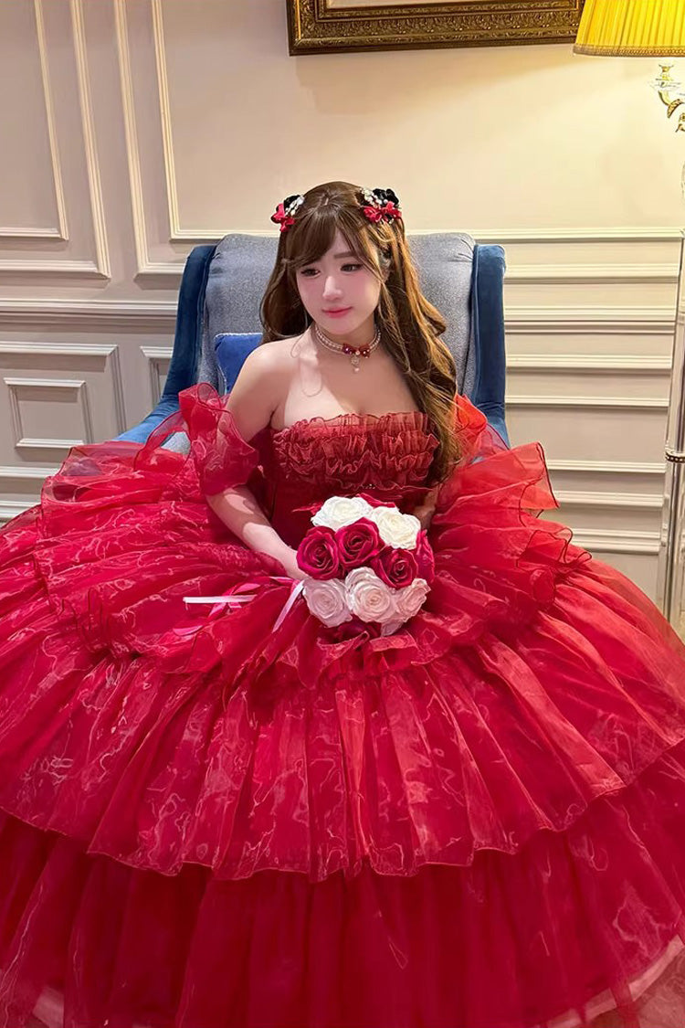 Red [Mousse Love Song] Sleeveless Multi-Layered Ruffled Hanayome Bow Sweet Lolita Dress - Product - 8