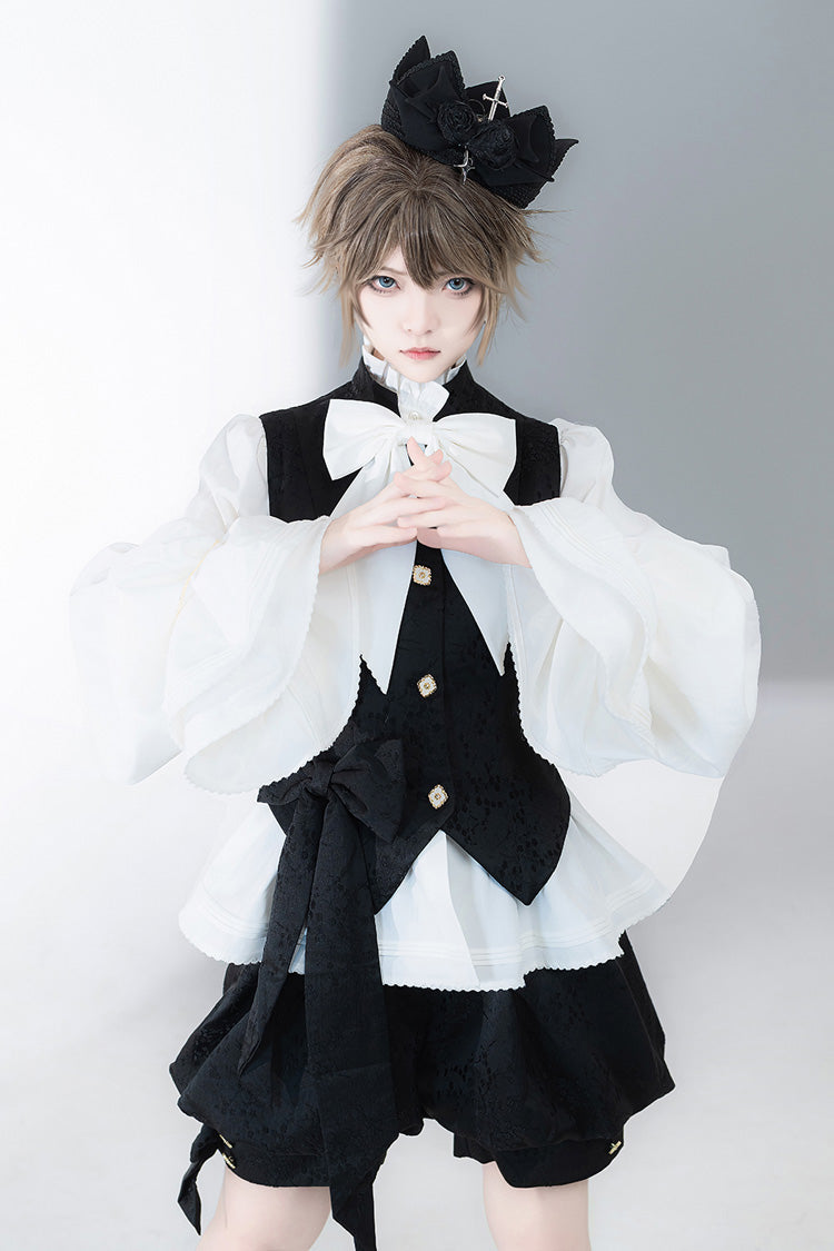 White Hunting Rabbits Long Sleeves Bowknot Gothic Vintage Ouji Fashion Lolita Blouse - Product - 4