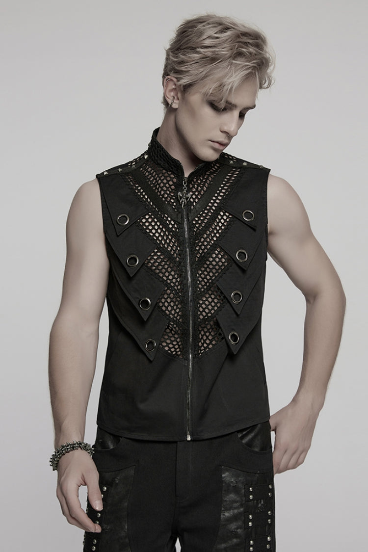 Black Stand Collar Stitching Mesh Men's Punk Vest - Black - 1