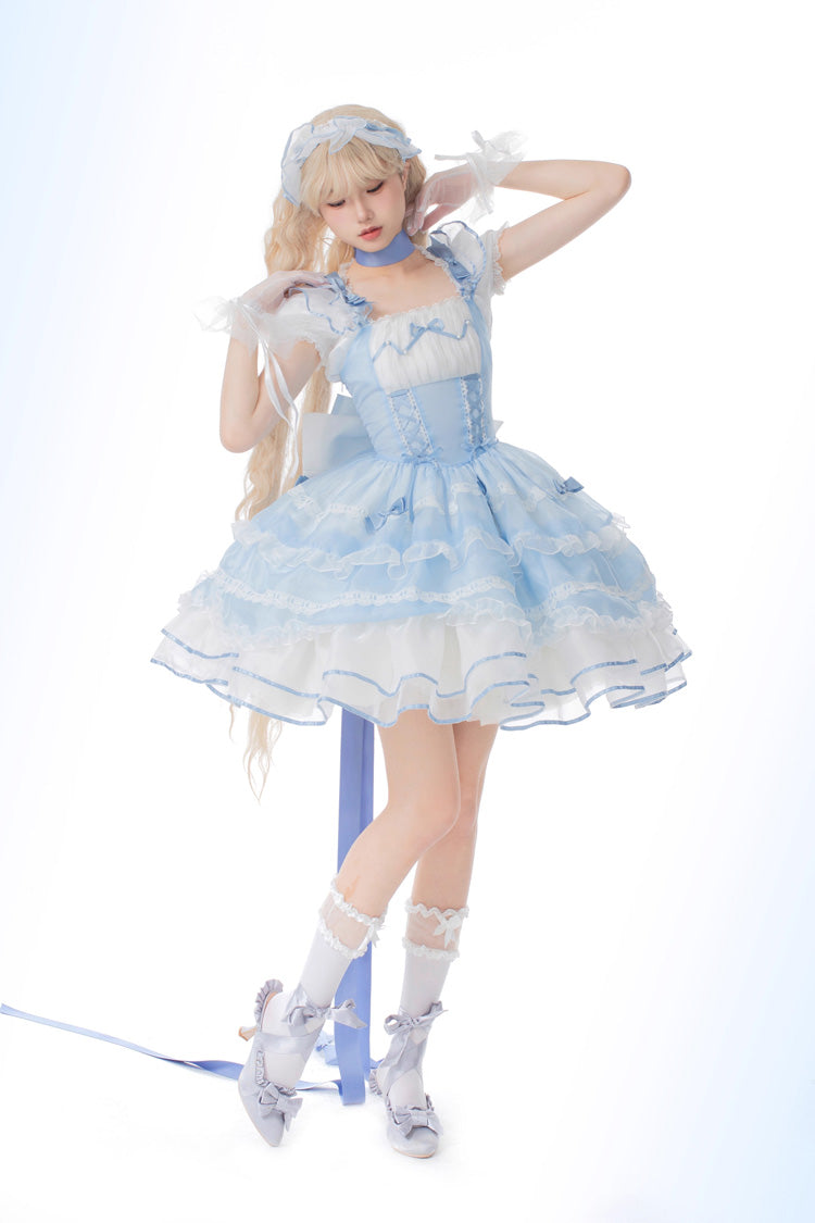 Blue Multi-layer Ruffle Bowknot Lace-Up Ballet Style Sweet Princess Lolita Tiered Dress - Product - 4