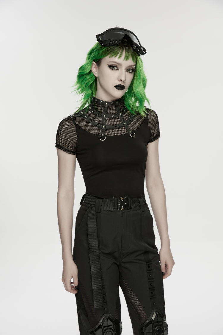 Black Stand Collar Short Sleeves Zippered Women's Punk Rivets&Eyelets T-Shirt - Product - 7