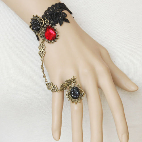 Black Vampire Retro Fashion Handmade Lace Ruby Female Party Gothic Lolita Ring Bracelet - Product - 1