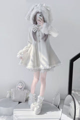 Ivory Long Sleeves Bowknot Rabbit Ears Detachable Hooded Japanese Jirai Kei Coat - Product - 5