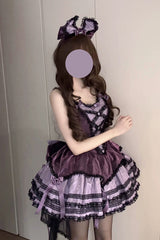 Purple [Jasmine Rain] Square Collar Sleeveless Triple-Layered Polka Dot Printed Ruffled Bow Lace Sweet Lolita Jsk Dress - Product - 2