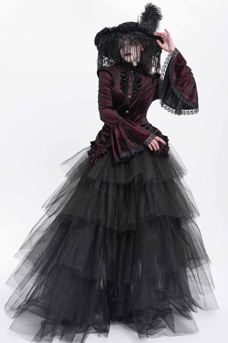 Red Stand Collar Long Trumpet Sleeves Ruffle Swallow-tailed Women's Gothic Blouse - Product - 12