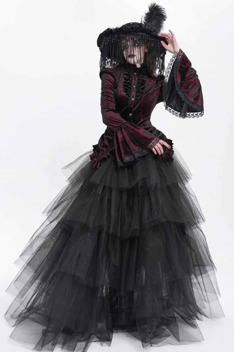 Red Stand Collar Long Trumpet Sleeves Ruffle Swallow-tailed Women's Gothic Blouse - Product - 12