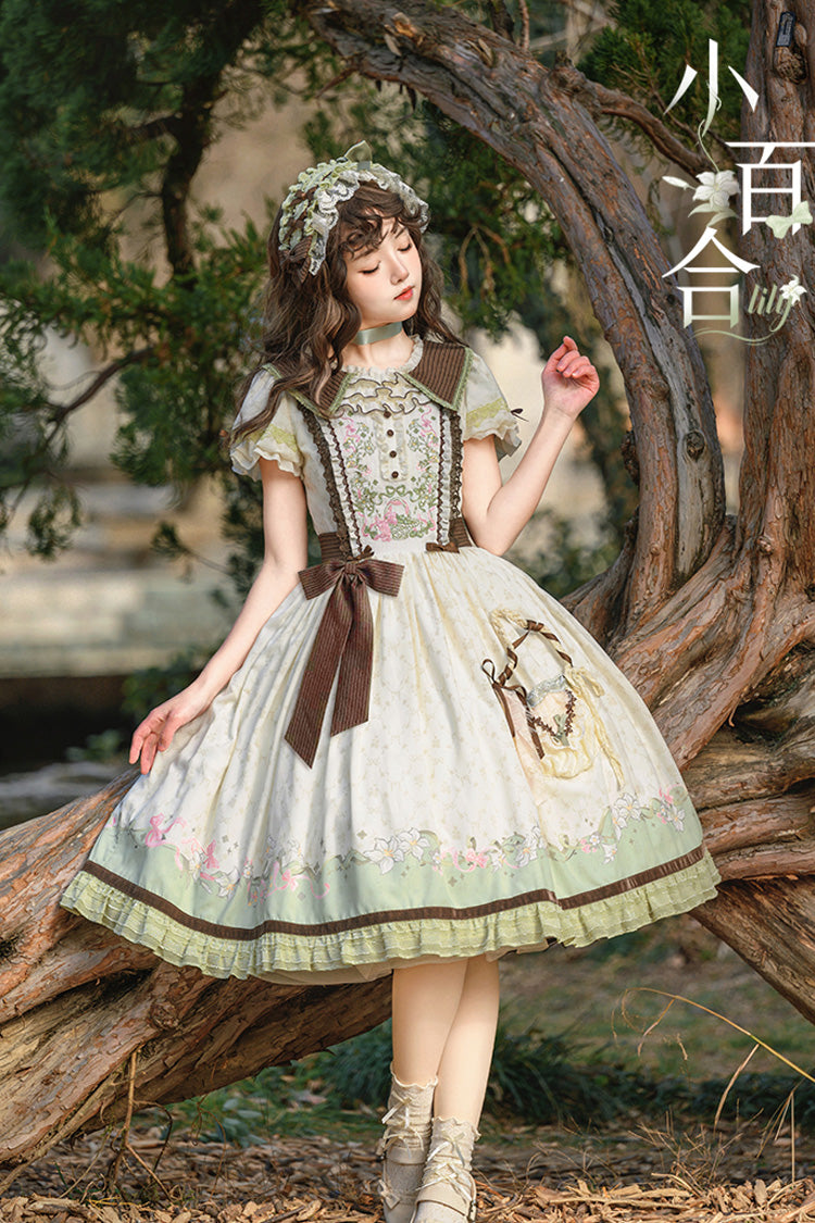 Green/Ivory [Lily] Short Sleeves Print Ruffle Embroidery Bowknot Lace Sweet Elegant Lolita Dress - Product - 8