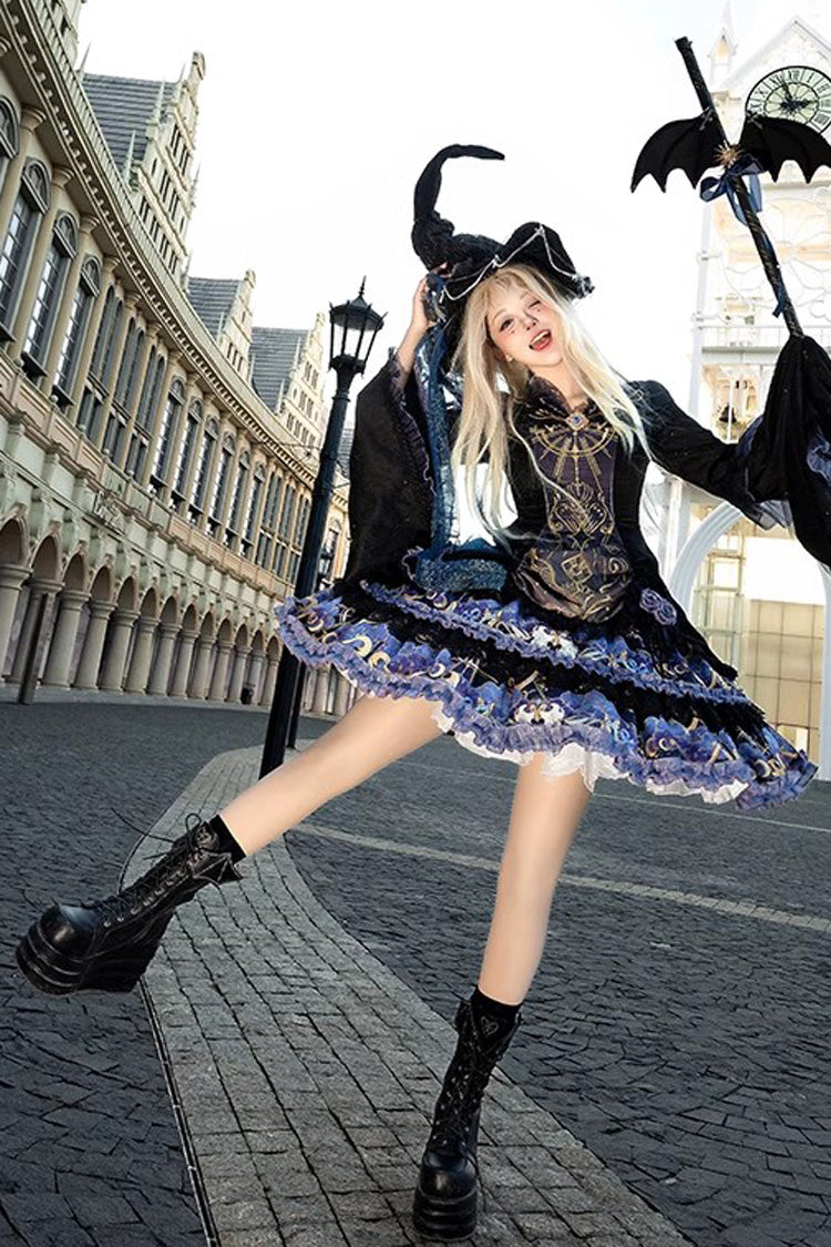 Black [Astrology Cat] Long Sleeves Double-Layered Print Ruffle Lace Gothic Lolita Dress - Product - 8