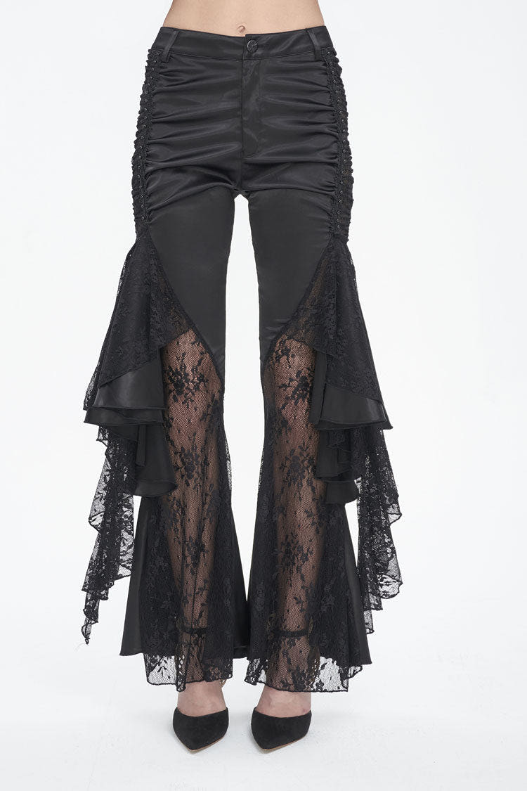 Black Ruffle Lace Stitching Womens Gothic Flared Pant - Black - 1