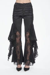 Black Ruffle Lace Stitching Womens Gothic Flared Pant - Black - 1