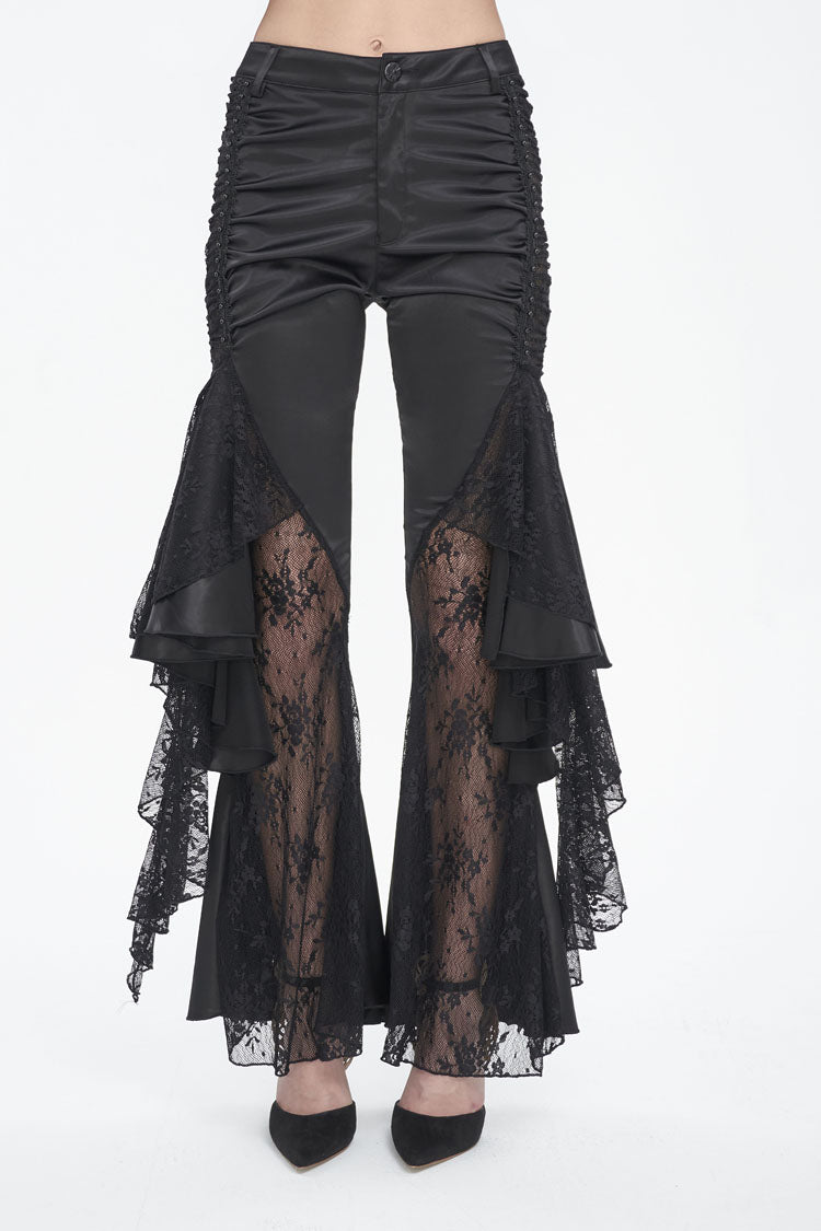 Black Ruffle Lace Stitching Womens Gothic Flared Pant - Black - 1