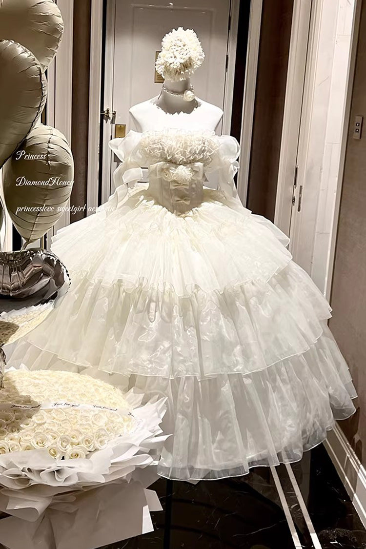 Off White [Mousse Love Song] Sleeveless Multi-Layered Ruffled Hanayome Bow Sweet Lolita Dress - Product - 5