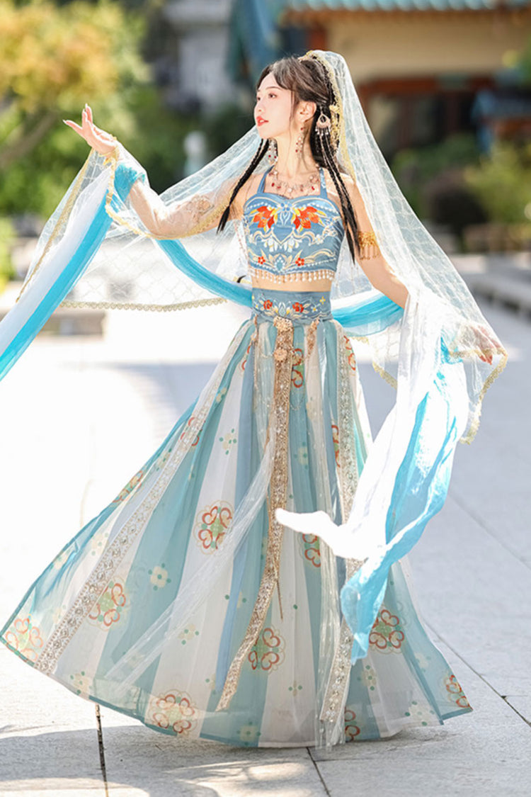 Blue Elegant Print Embroidery High Waisted Sleeveless Hanfu Dress Full Set - Product - 3