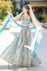 Blue Elegant Print Embroidery High Waisted Sleeveless Hanfu Dress Full Set - Product - 3