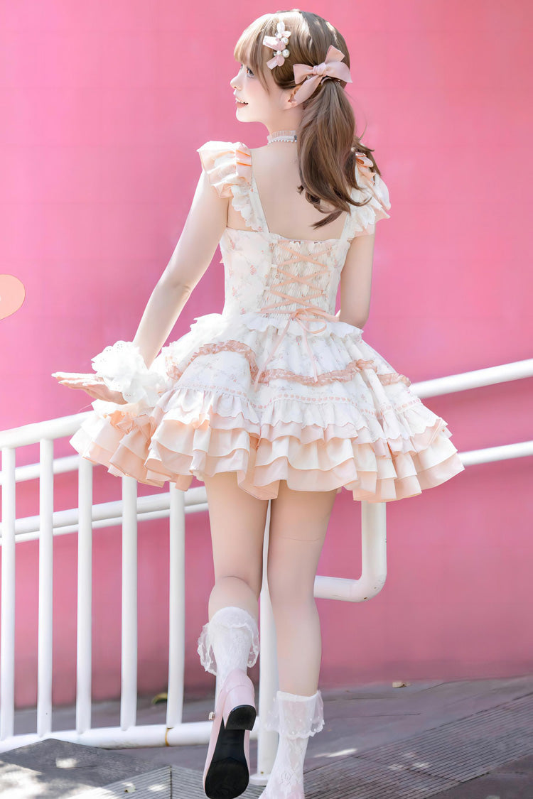 Floral Print Multi-layer Ruffle Bowknot Lace Sweet Lolita Tiered Dress 2 Colors - Product - 12