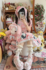 Panda Peach Print Bowknot Sweet Lolita Strap Dress 3 Colors - Product - 13