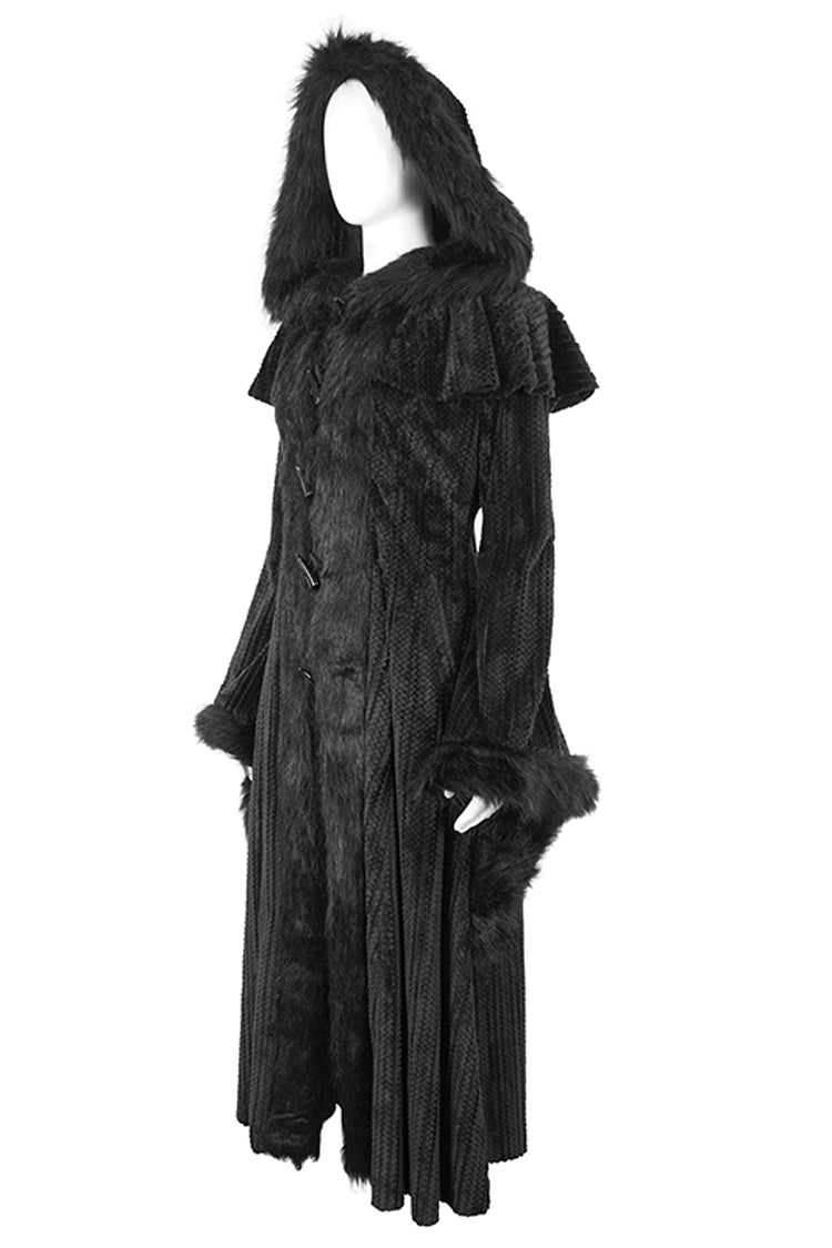 Black Flared Sleeved Fluffy Long Women's Gothic Coat With Hood - Product - 8