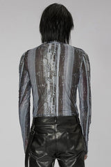 Black/Grey Punk High Collar Technology Sense Printing Elasticity Tight Long Sleeves Men's Shirt - Product - 3