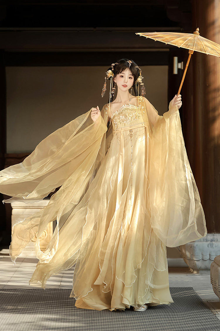 Yellow [Dancing] Hime Sleeves High Waisted Embroidered Women's Classic Hanfu Dress Set - Product - 2