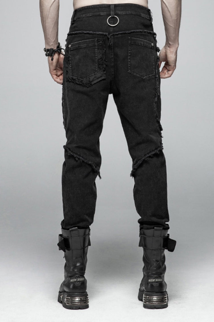 Black Ripped Men's Steampunk Straight-Leg Jeans Pants - Product - 3