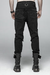 Black Ripped Men's Steampunk Straight-Leg Jeans Pants - Product - 3