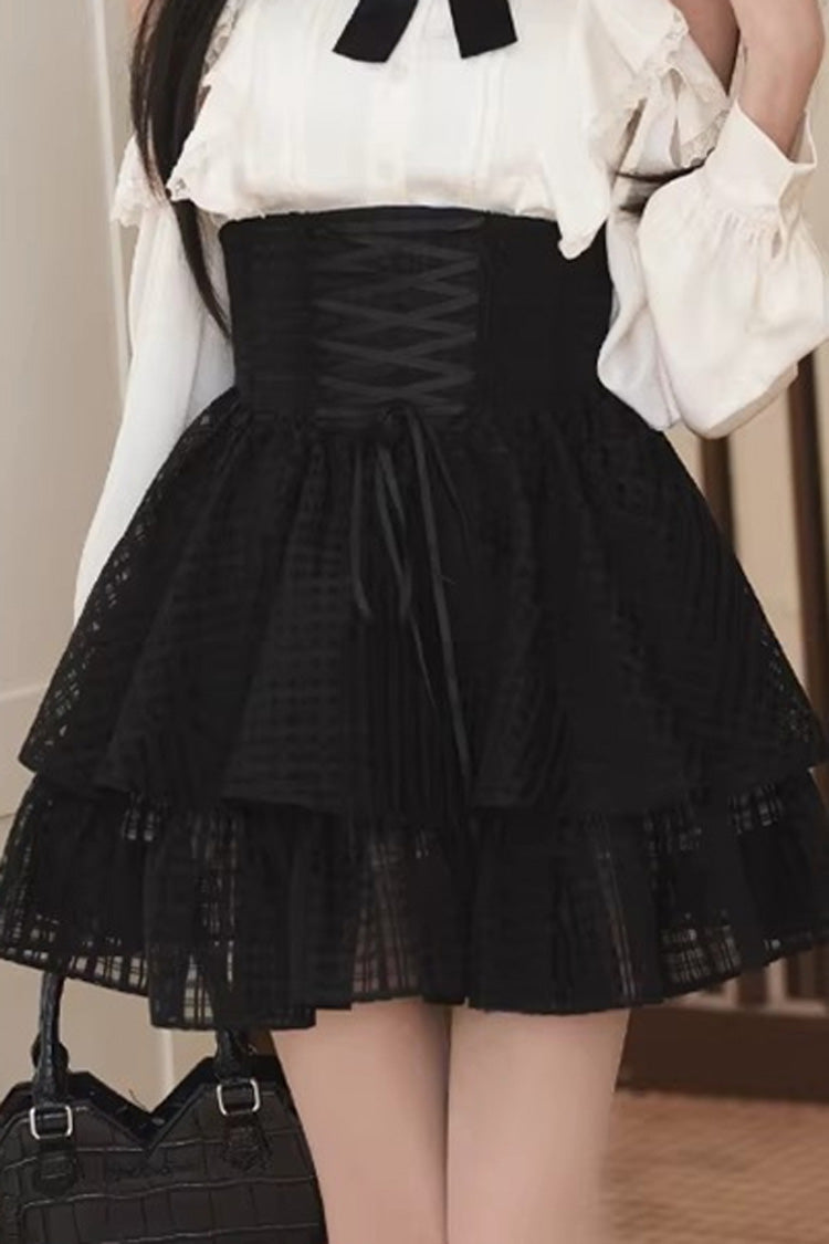 Black/White Round Collar Double-Layered Cut-Out Bow Lace-Up Classic Jirai Kei Japanese Elegant Skirt Set - Skirt - 11